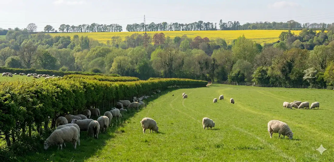 A pasture containing sheep, with many of the sheep sheltering beside a long hedgerow. In the background there's a gently rising hill where rapeseed oil is being grown.