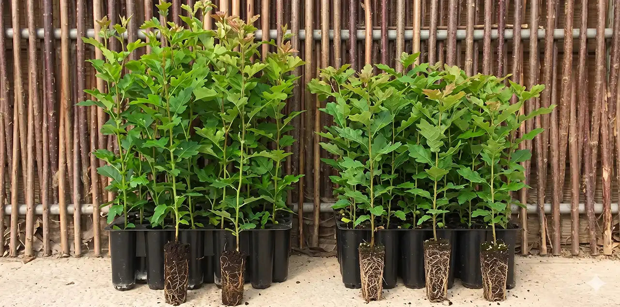 A group of cell grown plants in front of a wicker fence. The photo shows nice top growth on the plants and good roots.